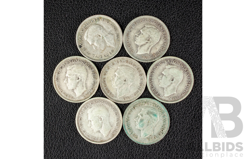 Seven Australian KGVI Silver Sixpence Including 1939, 1940, 1941, 1942, 1942D, 1942S, 1951