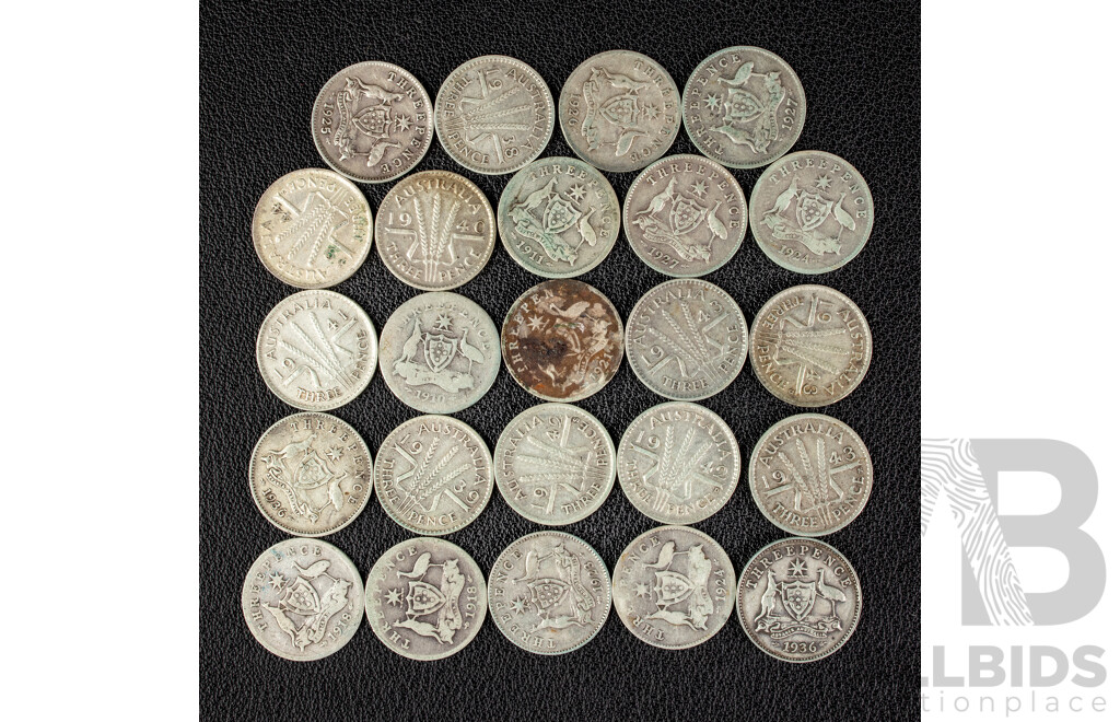 Twenty Four Australian KEVII/KGV/KGVI Silver Threepence, Examples Spanning 1910 to 1944  .925