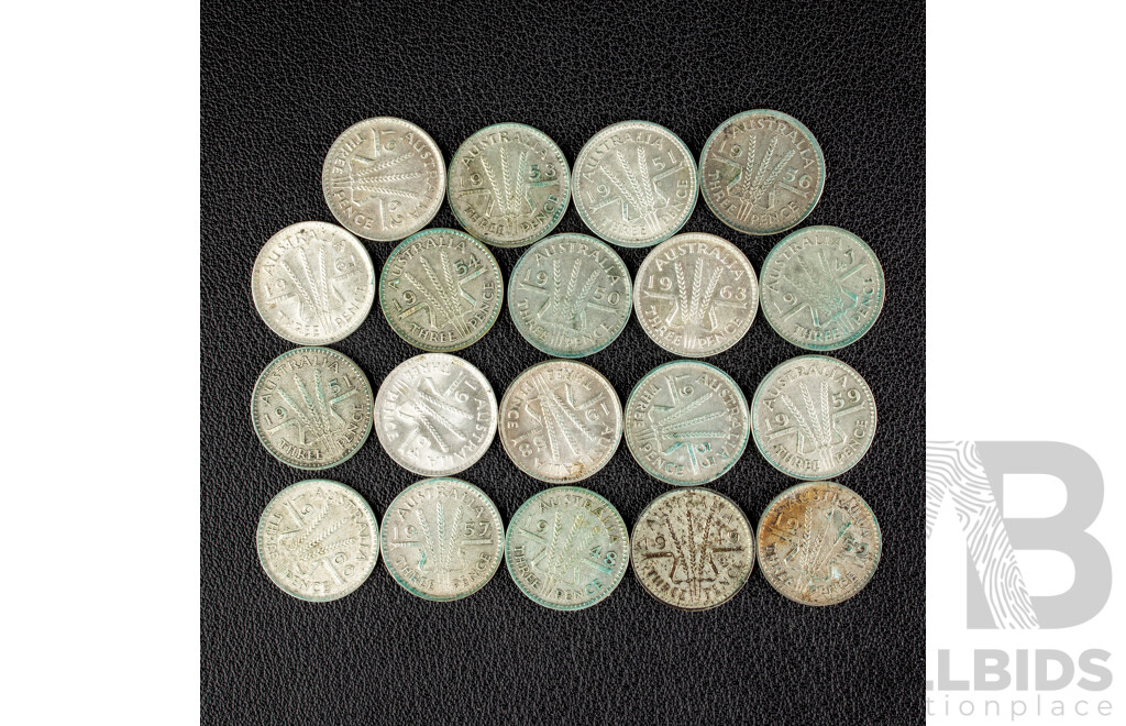 Nineteen Australian KGVI/QE2 Silver Threepence, Examples Spanning 1947 to 1963  .500