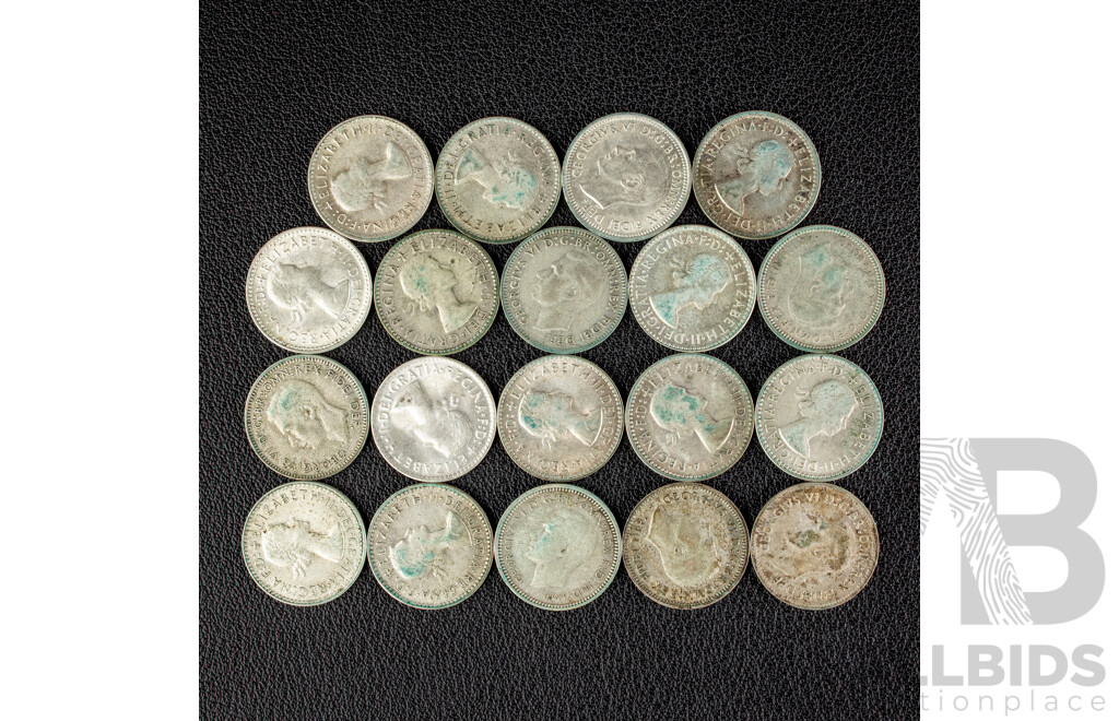 Nineteen Australian KGVI/QE2 Silver Threepence, Examples Spanning 1947 to 1963  .500