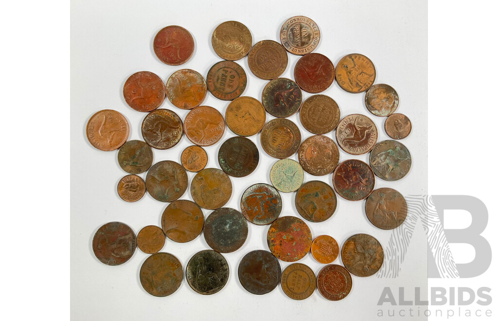 Collection of Australian Pennies and Half Pennies Spanning 1911 to 1964 and United Kingdom Pennies, Half Pennies and Farthings Spanning 1900 to 1945