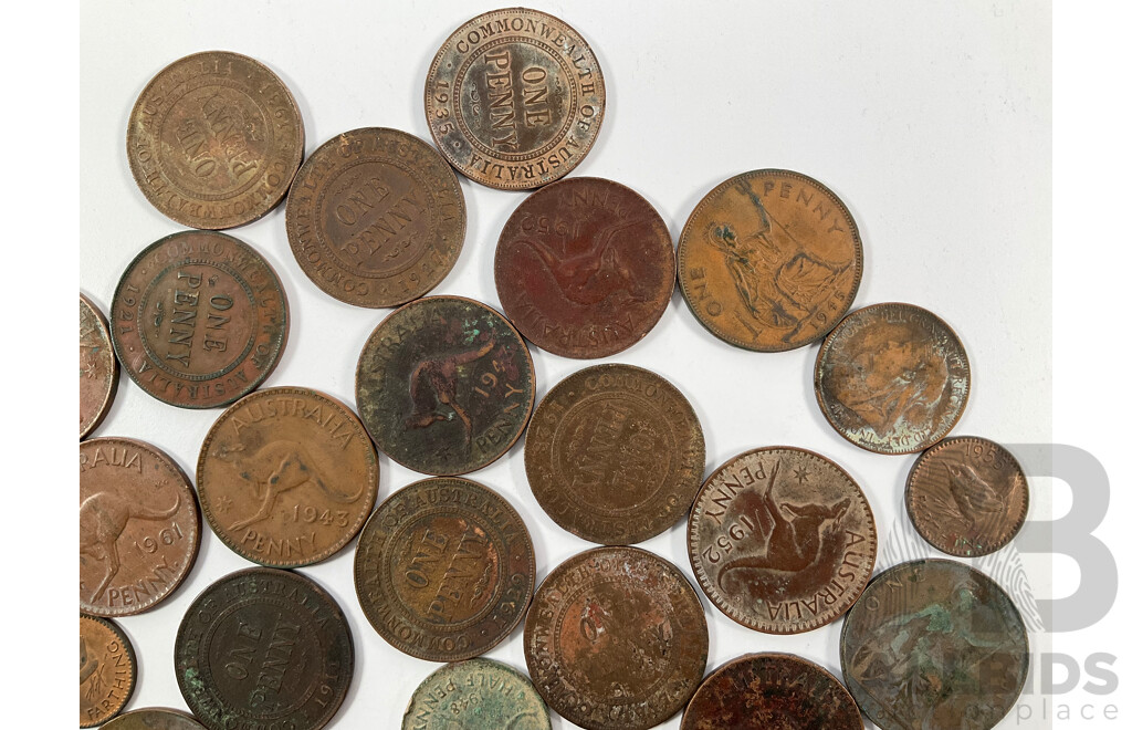 Collection of Australian Pennies and Half Pennies Spanning 1911 to 1964 and United Kingdom Pennies, Half Pennies and Farthings Spanning 1900 to 1945