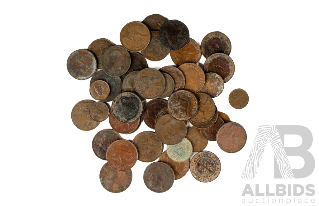 Collection of Australian Pennies and Half Pennies Spanning 1911 to 1964 and United Kingdom Pennies, Half Pennies and Farthings Spanning 1900 to 1945