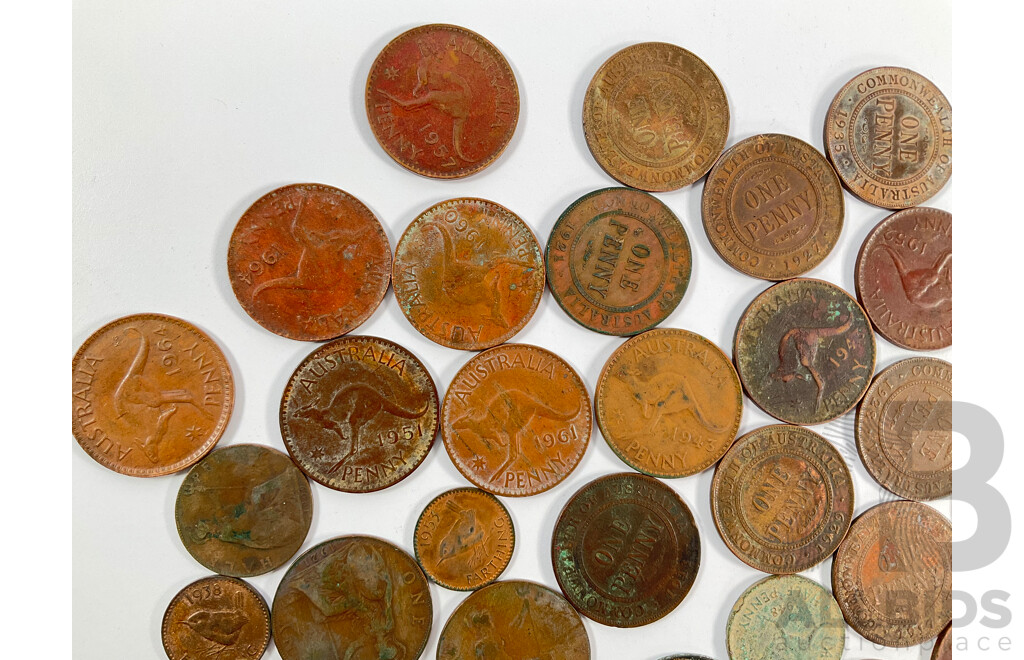 Collection of Australian Pennies and Half Pennies Spanning 1911 to 1964 and United Kingdom Pennies, Half Pennies and Farthings Spanning 1900 to 1945