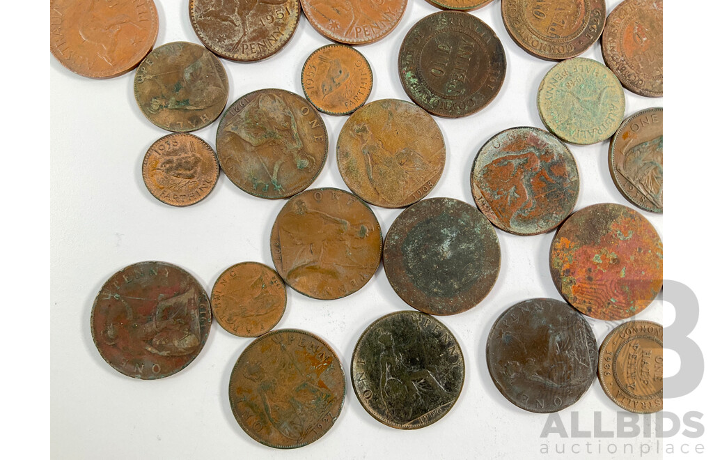 Collection of Australian Pennies and Half Pennies Spanning 1911 to 1964 and United Kingdom Pennies, Half Pennies and Farthings Spanning 1900 to 1945