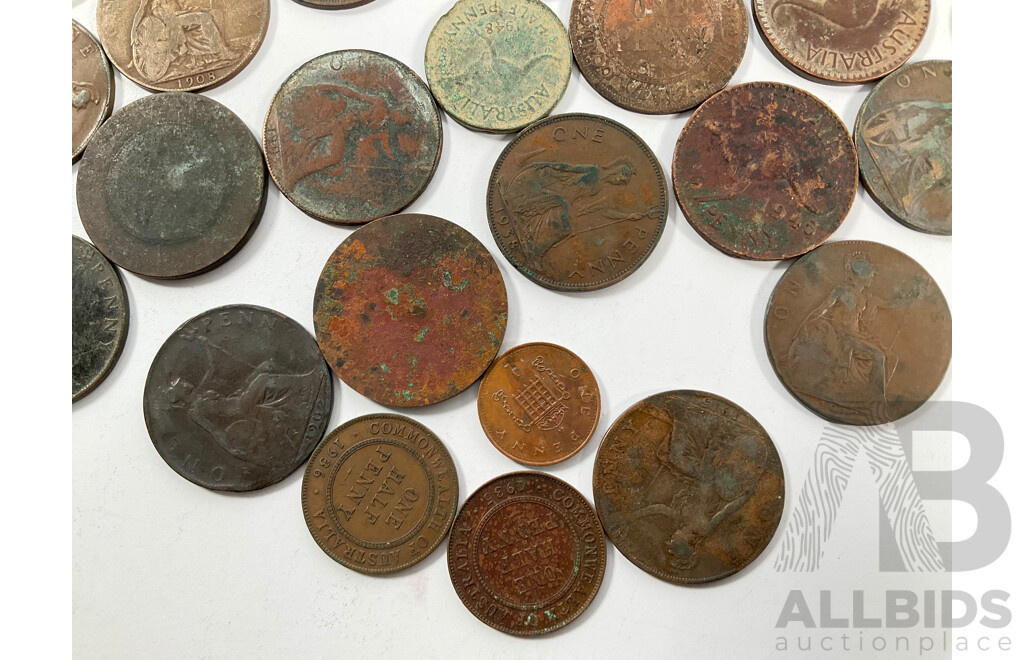 Collection of Australian Pennies and Half Pennies Spanning 1911 to 1964 and United Kingdom Pennies, Half Pennies and Farthings Spanning 1900 to 1945