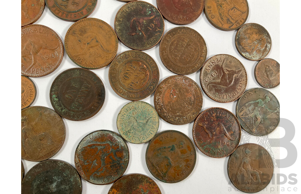 Collection of Australian Pennies and Half Pennies Spanning 1911 to 1964 and United Kingdom Pennies, Half Pennies and Farthings Spanning 1900 to 1945