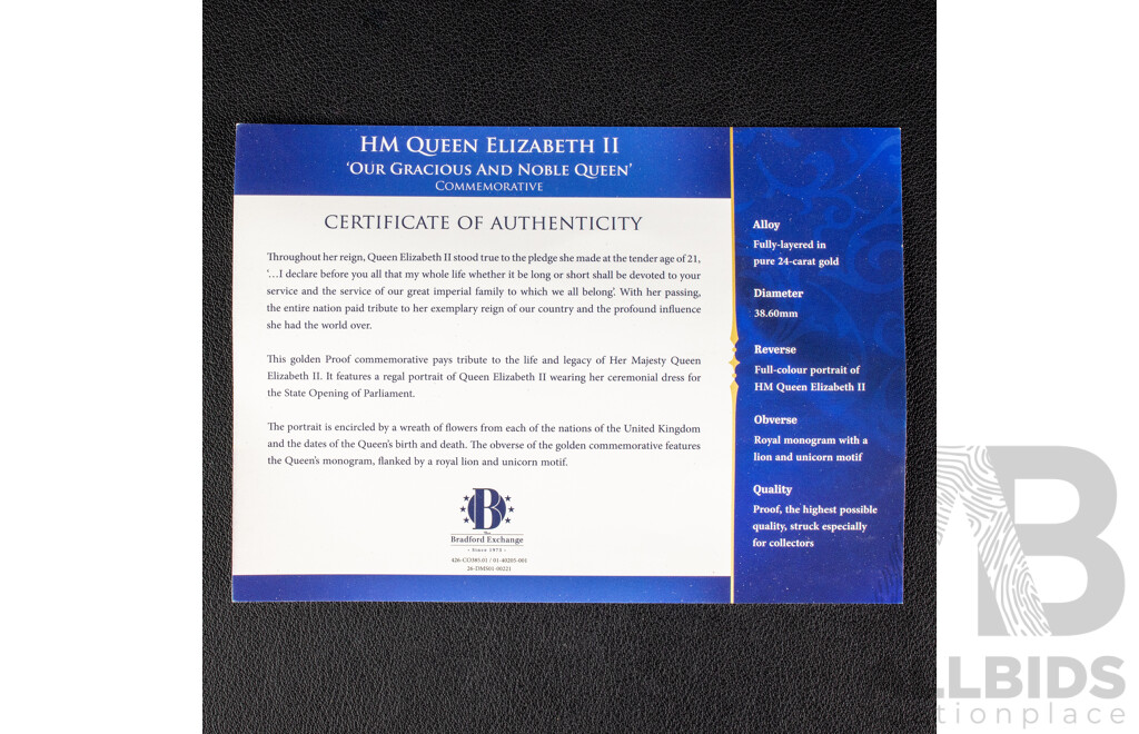 Bradford Exchange 2022 Gold Plated Coin, Queen Elizabeth II Commemorative