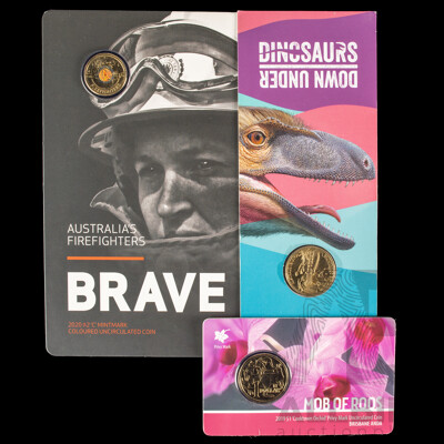 Australian RAM 2019 One Dollar, Mob of Roos Cooktown Orchid Privy Mark, 2022 Dinosaurs Down Under, 2020 Two Dollars, Australia's Firefighters