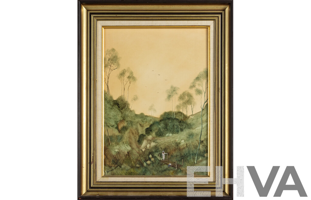 Patricia Bernard, (20th Century, Australian), Brown Country, Wonderful Vintage Oil on Masonite, 60 x 47 cm (frame)