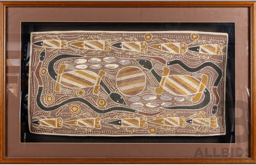 Dick Yambal, (20th Century, Indigenous-Australian, 1936-2016), Water Spirit Animals, Wonderful Vintage Natural Ochres on Bark Panel, 59 x 92 cm (frame)