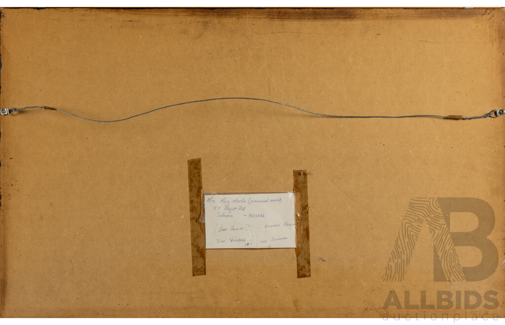 Dick Yambal, (20th Century, Indigenous-Australian, 1936-2016), Water Spirit Animals, Wonderful Vintage Natural Ochres on Bark Panel, 59 x 92 cm (frame)