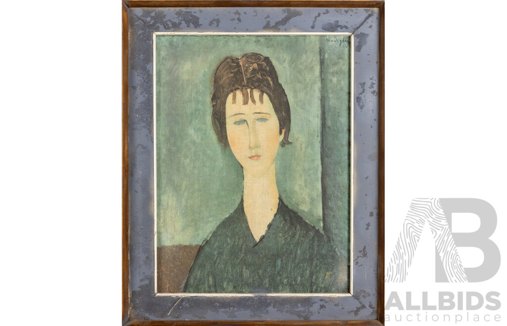 After Amedeo Modigliani, (19/20th Centuries, 1884-1920, Italian), Young Girl with Brown Hair [La Fanciulla Bruna], (Possibly) Antique Lithograph on Linen, 65 x 54 cm (frame)