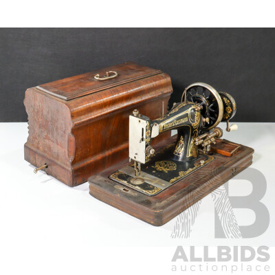 Antique Frister & Rossmann Sewing Machine with Original Timber Case and Attachments, Made in Germany