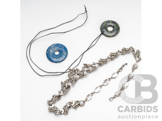 Silver Tone Floral, Synthetic Onyx Necklace & Lapis Lazuli & Jade Pendants