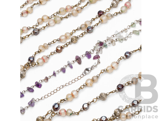 Collection of Amethyst, Green Quartz, Multi Colour Glass, Silver Tone Bead Costume Necklaces - Lot of 3