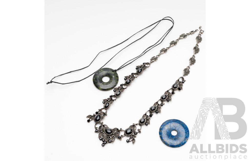 Silver Tone Floral, Synthetic Onyx Necklace & Lapis Lazuli & Jade Pendants