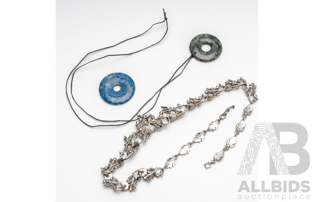 Silver Tone Floral, Synthetic Onyx Necklace & Lapis Lazuli & Jade Pendants