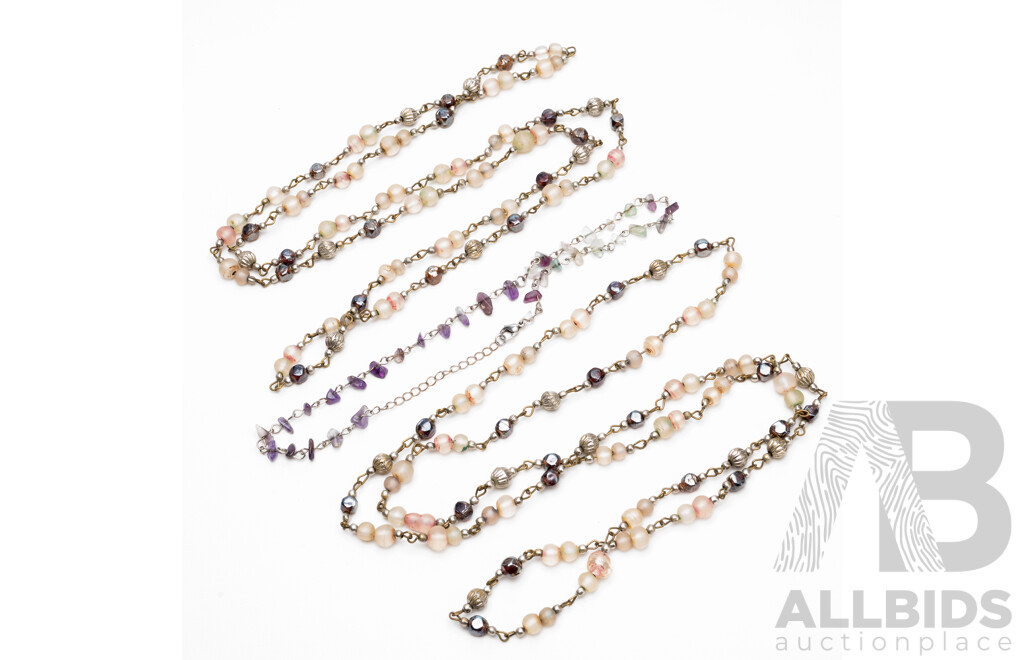 Collection of Amethyst, Green Quartz, Multi Colour Glass, Silver Tone Bead Costume Necklaces - Lot of 3