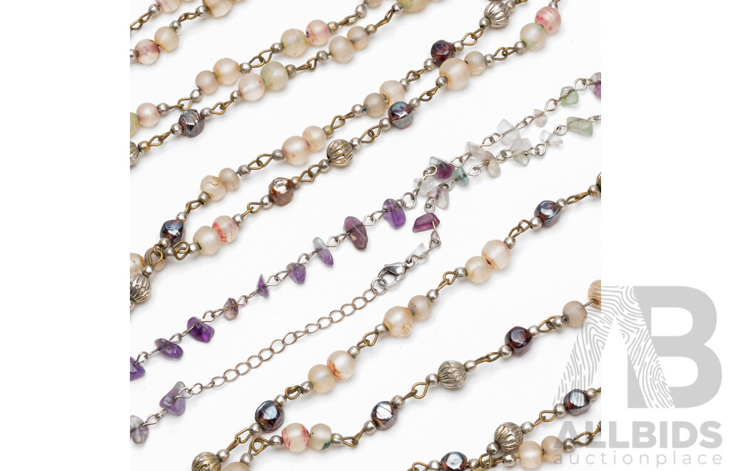 Collection of Amethyst, Green Quartz, Multi Colour Glass, Silver Tone Bead Costume Necklaces - Lot of 3