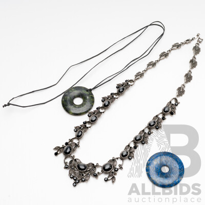 Silver Tone Floral, Synthetic Onyx Necklace & Lapis Lazuli & Jade Pendants