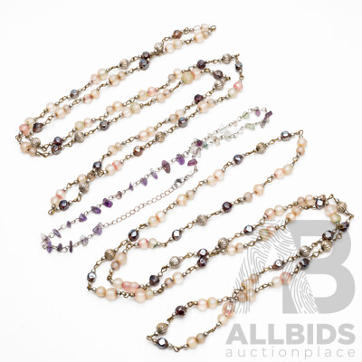 Collection of Amethyst, Green Quartz, Multi Colour Glass, Silver Tone Bead Costume Necklaces - Lot of 3
