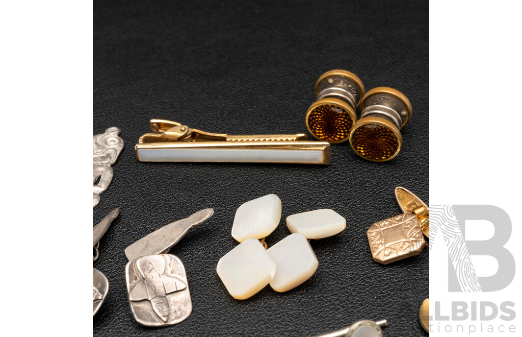 Collection of Vintage Cuff Links, Buttons and Curios, Including Sterling Silver Tiki and Gold Gilt Examples