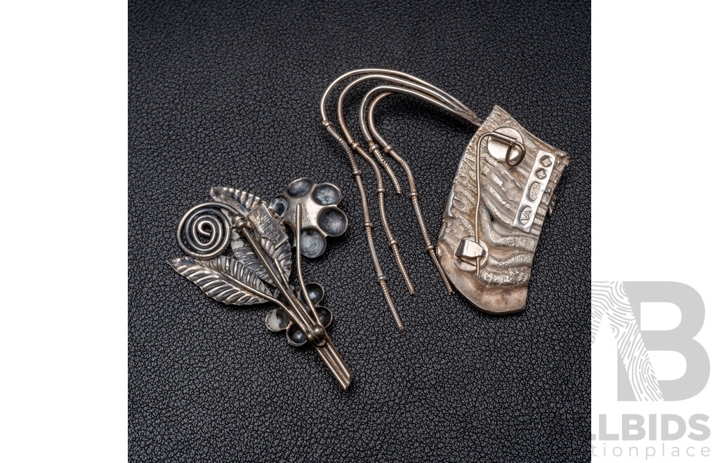 Sterling Silver Vintage Brutalist Style Brooch & Handmade Silver Floral Brooch, 37.65 Grams