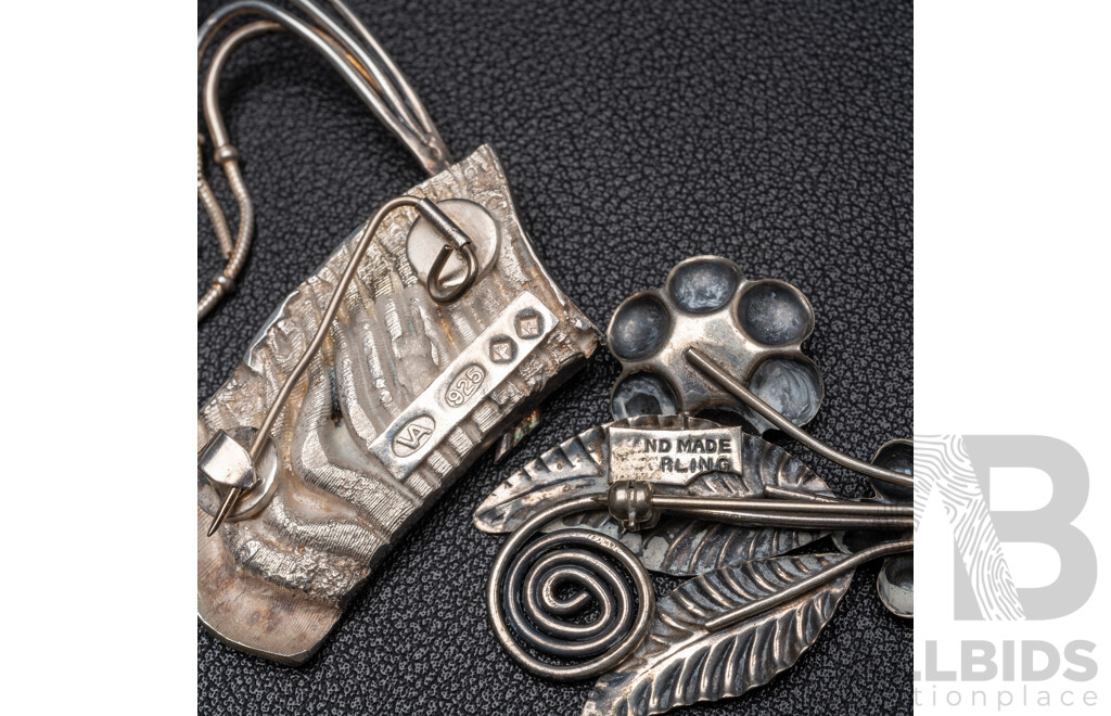 Sterling Silver Vintage Brutalist Style Brooch & Handmade Silver Floral Brooch, 37.65 Grams