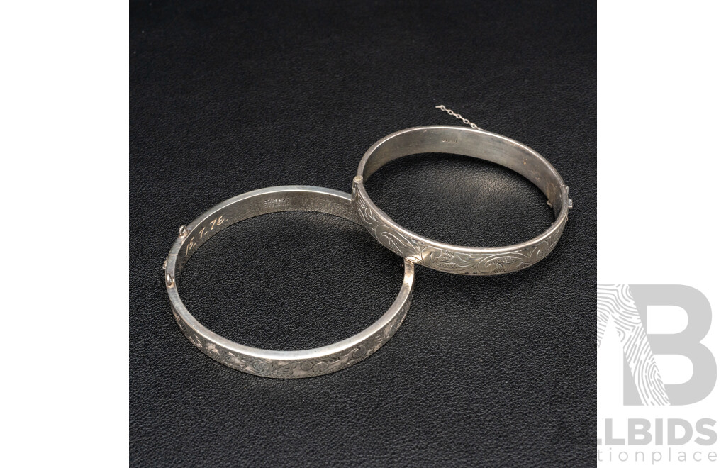 Vintage (2) Hinged Sterling Silver Bangles with Etched Motifs, 58mm/62mm, 31.82 Grams