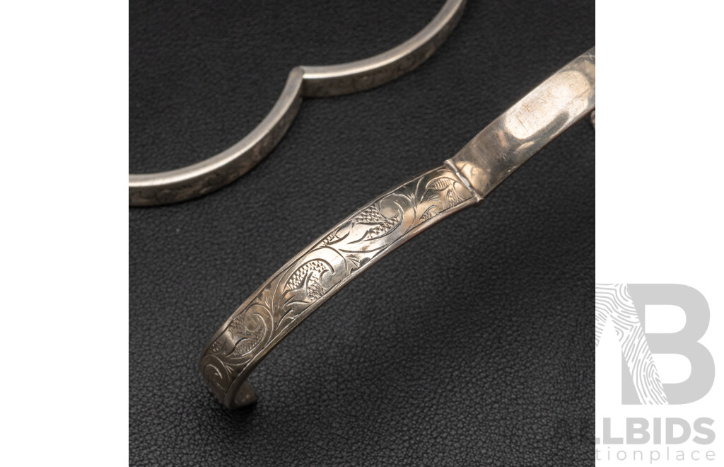 Vintage (2) Hinged Sterling Silver Bangles with Etched Motifs, 58mm/62mm, 31.82 Grams