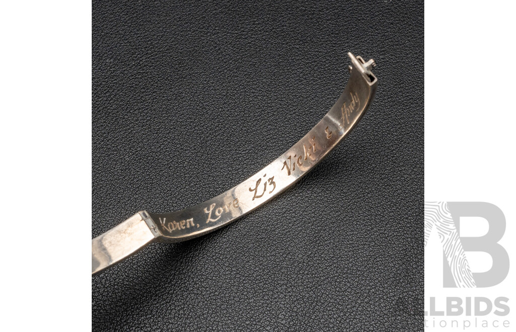 Vintage (2) Hinged Sterling Silver Bangles with Etched Motifs, 58mm/62mm, 31.82 Grams