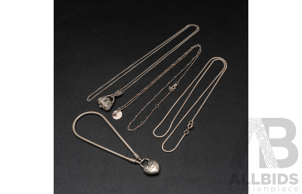 Sterling Silver Snake Chain Bracelet & (3) Sterling Necklaces, 37.62 Grams