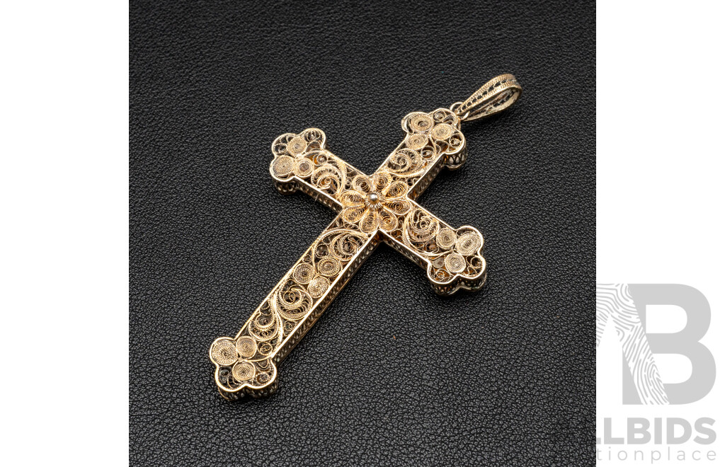 Vintage Silver Large Filigree Cross Pendant, 90mm, 13.06 Grams