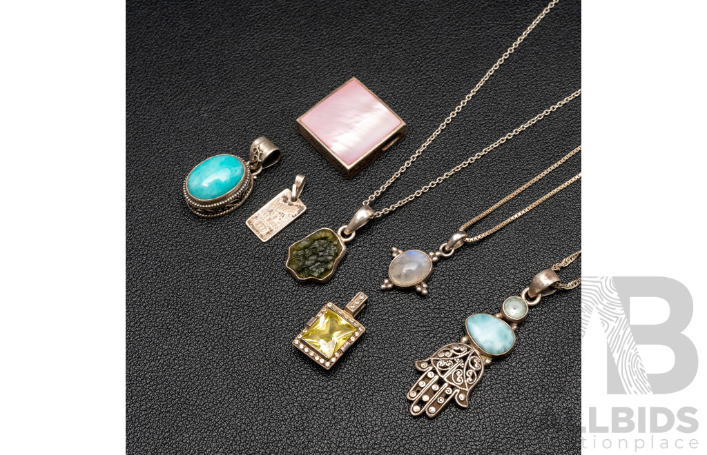 Collection of Sterling Silver Pendants and Necklaces, Including Gemstones, 36.45 Grams