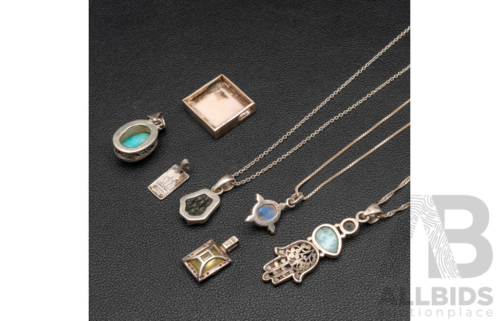 Collection of Sterling Silver Pendants and Necklaces, Including Gemstones, 36.45 Grams