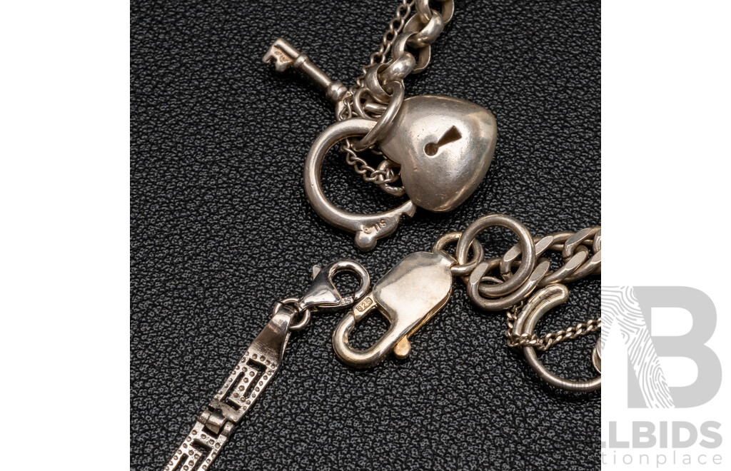 Sterling Silver Belcher Link Heart Padlock Bracelet & (2) Other Sterling Silver Bracelets, 35.52 Grams