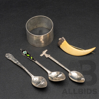 Antique Silver Boar Tusk Brooch, Vintage Sterling Napkin Ring & (3) Petite Sterling Spoons, 47.39 Grams