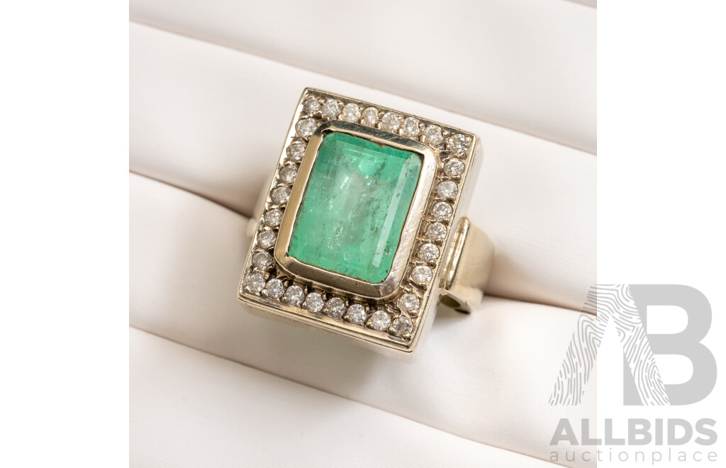 9ct White Gold Handmade Emerald and Diamond Statement Ring - Size O