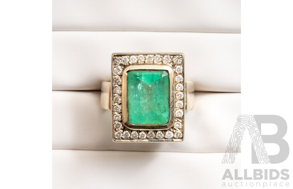 9ct White Gold Handmade Emerald and Diamond Statement Ring - Size O
