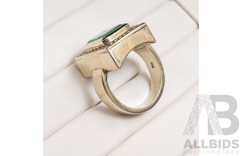 9ct White Gold Handmade Emerald and Diamond Statement Ring - Size O