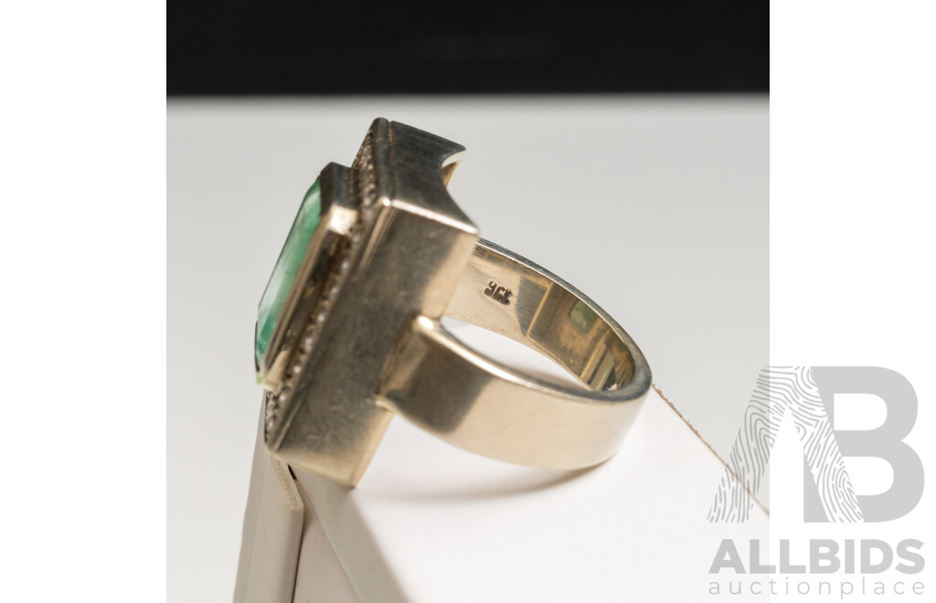 9ct White Gold Handmade Emerald and Diamond Statement Ring - Size O