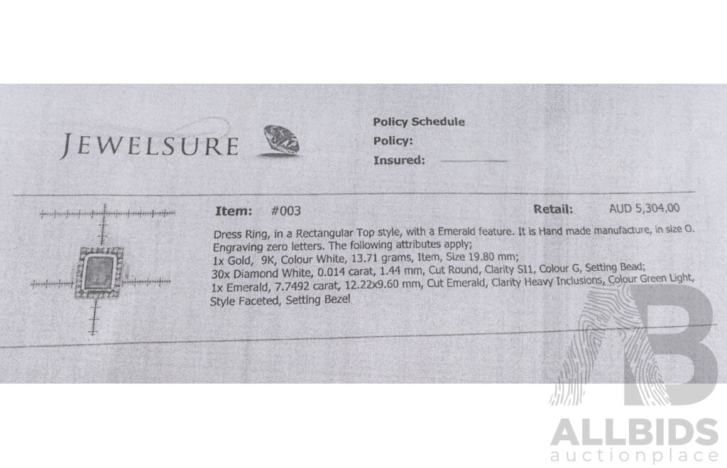 9ct White Gold Handmade Emerald and Diamond Statement Ring - Size O