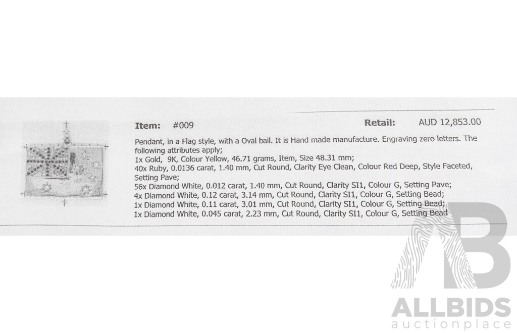 9ct Yellow Gold Australian Flag with Diamonds and Rubies - 46.71gms