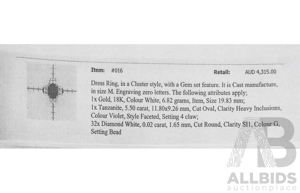 18ct White Gold Tanzanite and Diamond Ring - Size M