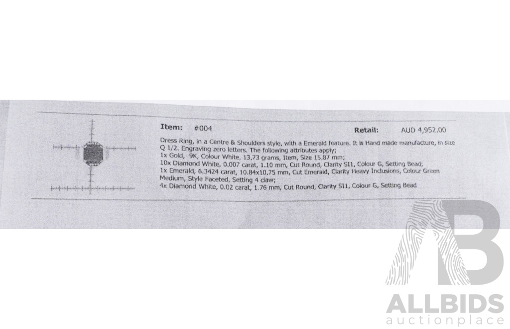 9ct White Gold Handmade Emerald and Diamond Dress Ring - Size Q.5