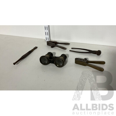Two Vintage 36 Caliber Bullet Mold Tools with Pellet Mold Tool and Antique Binoculars
