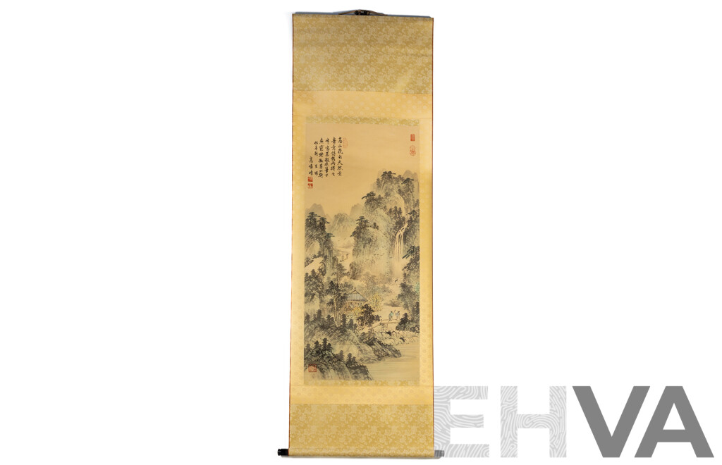 Artist Unknown (20th Century, Asian School), Mountain Landscape with Waterfall, Japanese Ink & Wash on Silk Panel Shodo Kakejiku (Hanging Scroll), 174 x 55 cm