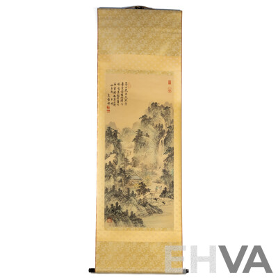 Artist Unknown (20th Century, Asian School), Mountain Landscape with Waterfall, Japanese Ink & Wash on Silk Panel Shodo Kakejiku (Hanging Scroll), 174 x 55 cm