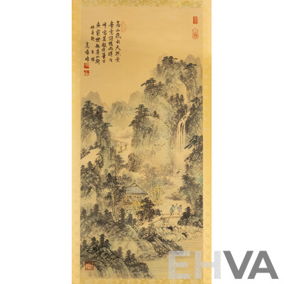 Artist Unknown (20th Century, Asian School), Mountain Landscape with Waterfall, Japanese Ink & Wash on Silk Panel Shodo Kakejiku (Hanging Scroll), 174 x 55 cm